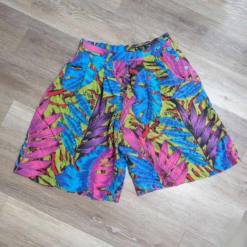 Vintage Diane Gilman silk shorts tropical jungle palm leaves leaf funky Fun